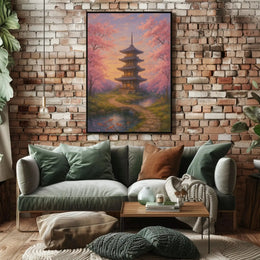 a painting of a pagoda and trees Travel Poster displayed above a cozy sofa in a stylish living room setting