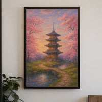 a painting of a pagoda and trees Travel Poster showcasing a serene pagoda with cherry blossoms and koi fish by LPT Art