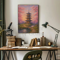 a painting of a pagoda and trees Travel Poster displayed above a desk with books and a microscope in a cozy study room