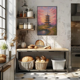 Coastal Living Decor presents a painting of a pagoda and trees Travel Poster brightening a cozy kitchen with warm tones.