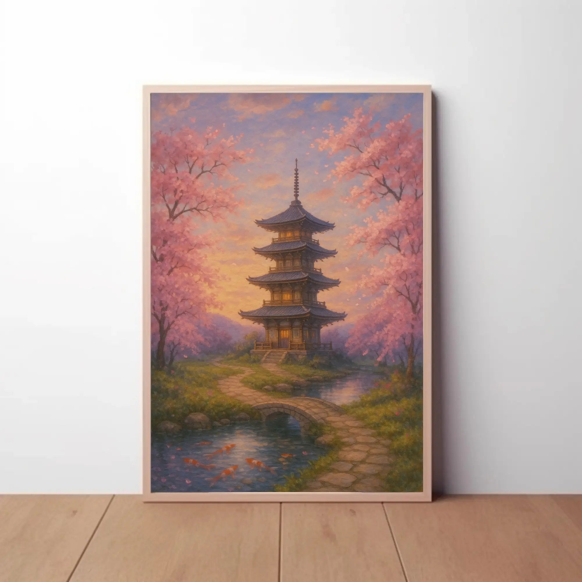 a painting of a pagoda and trees Travel Poster with cherry blossoms and koi pond by Lost Pine Studio