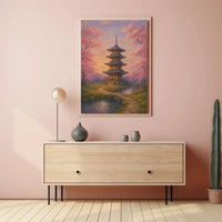 a painting of a pagoda and trees Travel Poster hanging above a modern sideboard in a stylish room setting