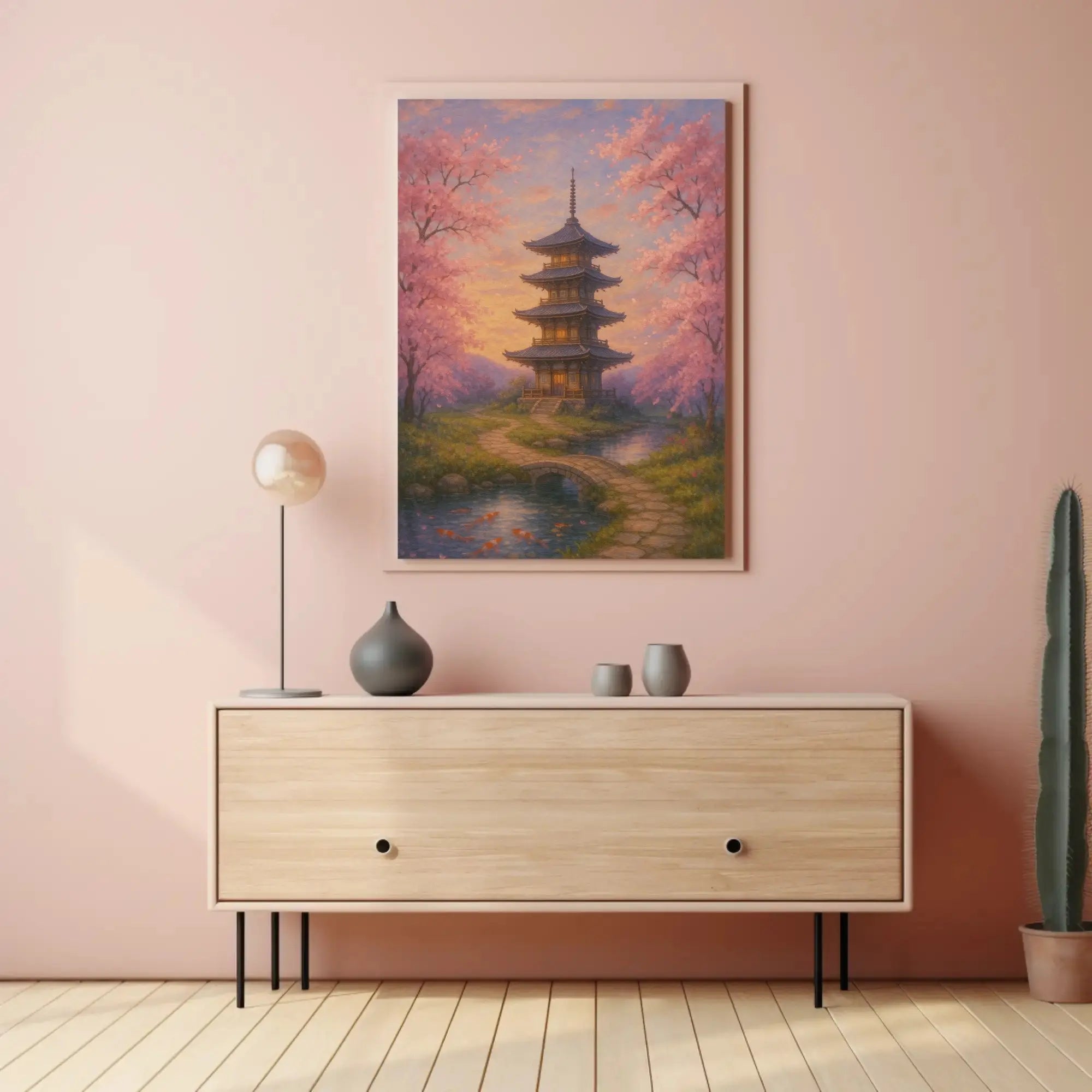 a painting of a pagoda and trees Travel Poster hanging above a modern sideboard in a stylish room setting