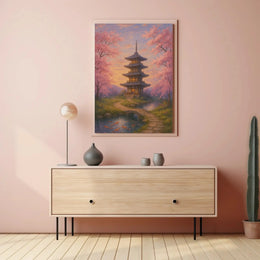 a painting of a pagoda and trees Travel Poster hanging above a modern sideboard in a stylish room setting