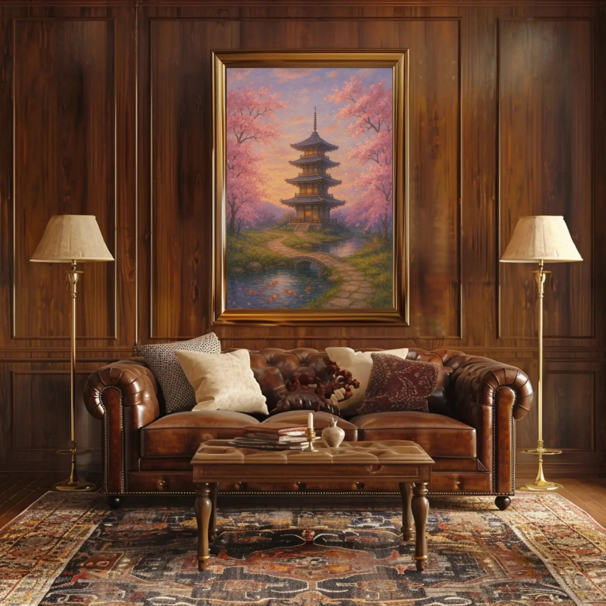 a painting of a pagoda and trees Travel Poster in a cozy living room with warm wood and leather decor