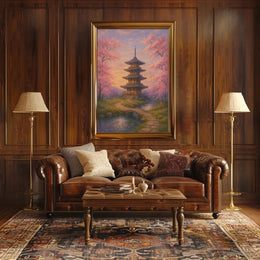 a painting of a pagoda and trees Travel Poster in a cozy living room with warm wood and leather decor