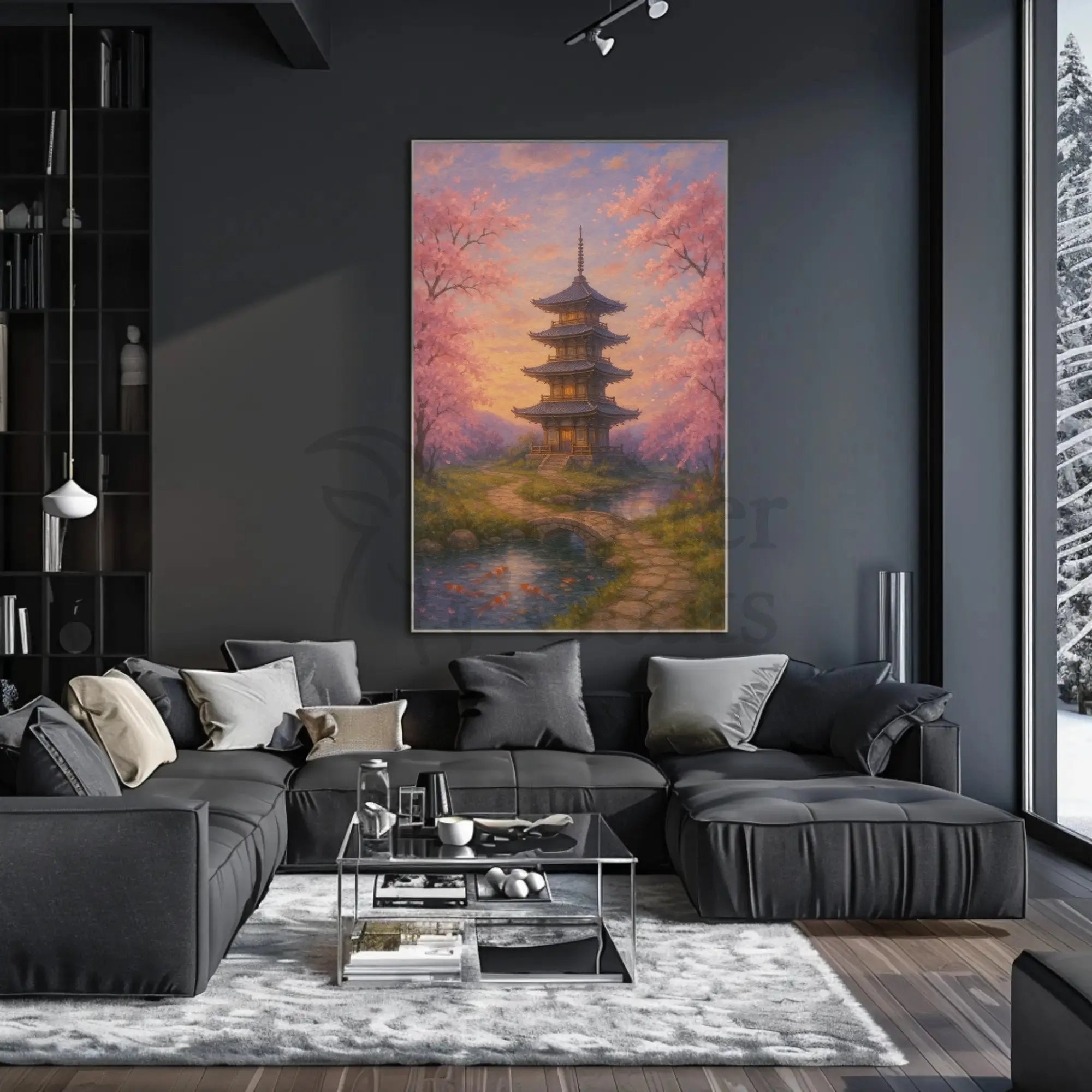 a painting of a pagoda and trees Travel Poster hanging in modern living room with dark sofa and soft lighting