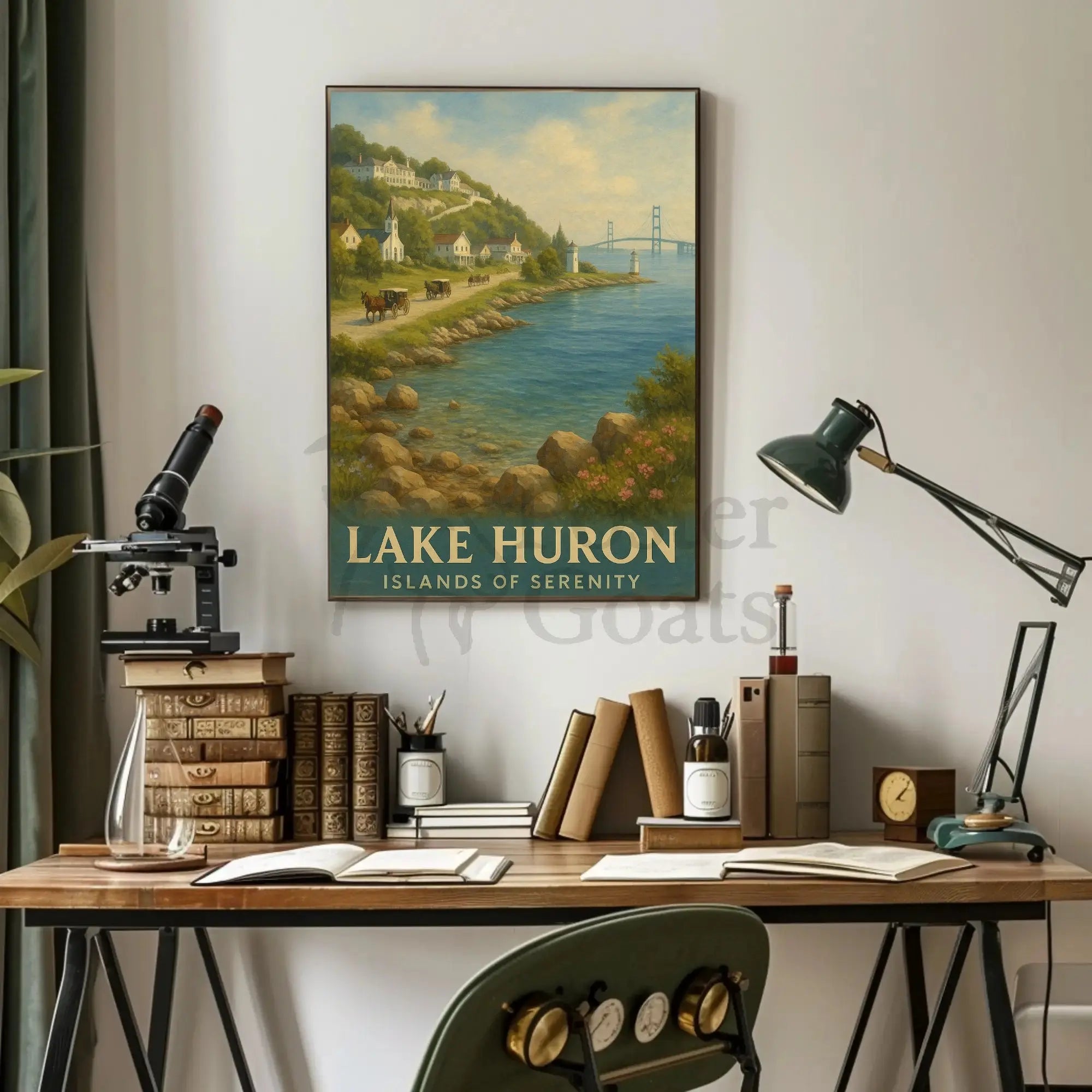Painting of River with Bridge Poster Art Print PosterGoat
