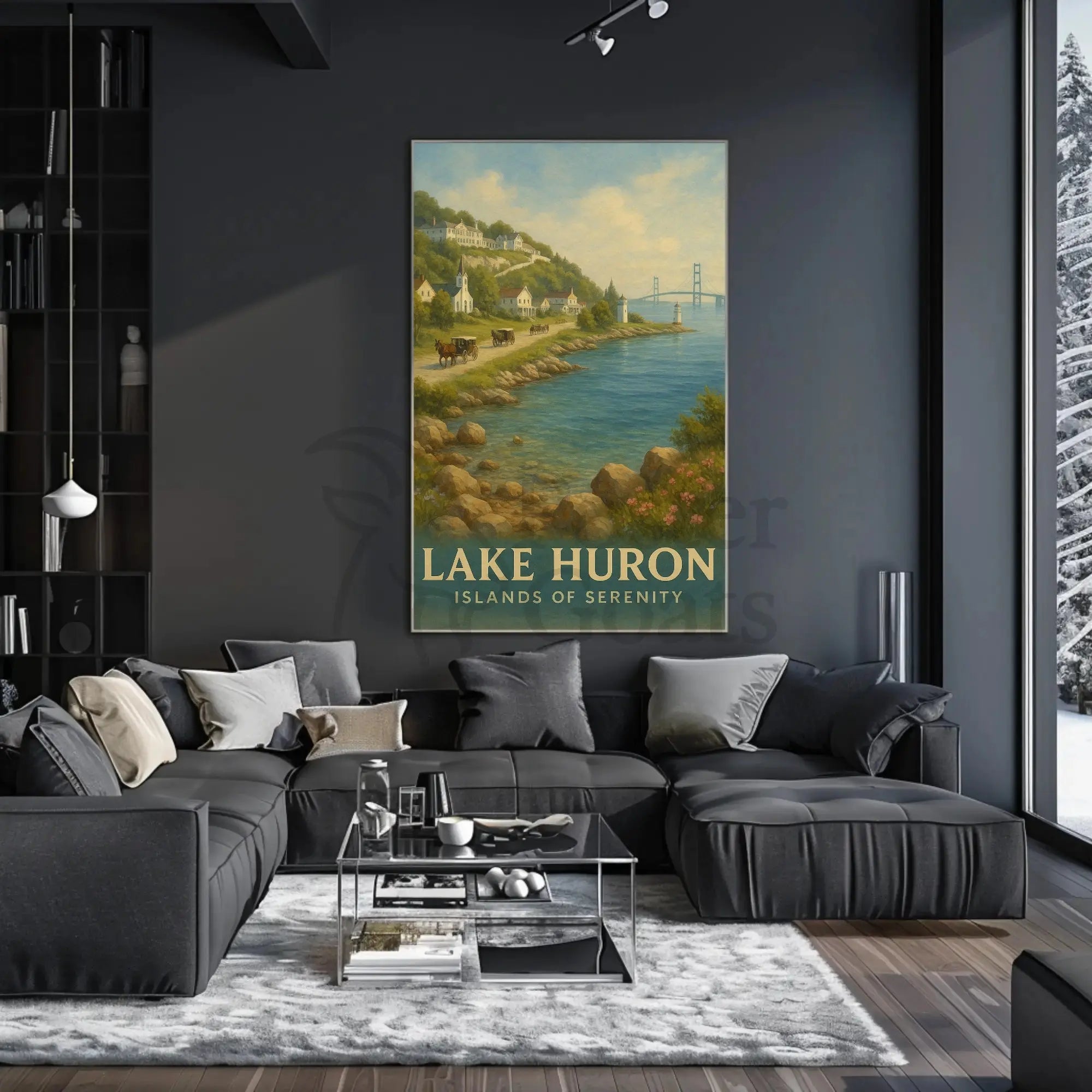 Painting of River with Bridge Poster Art Print PosterGoat