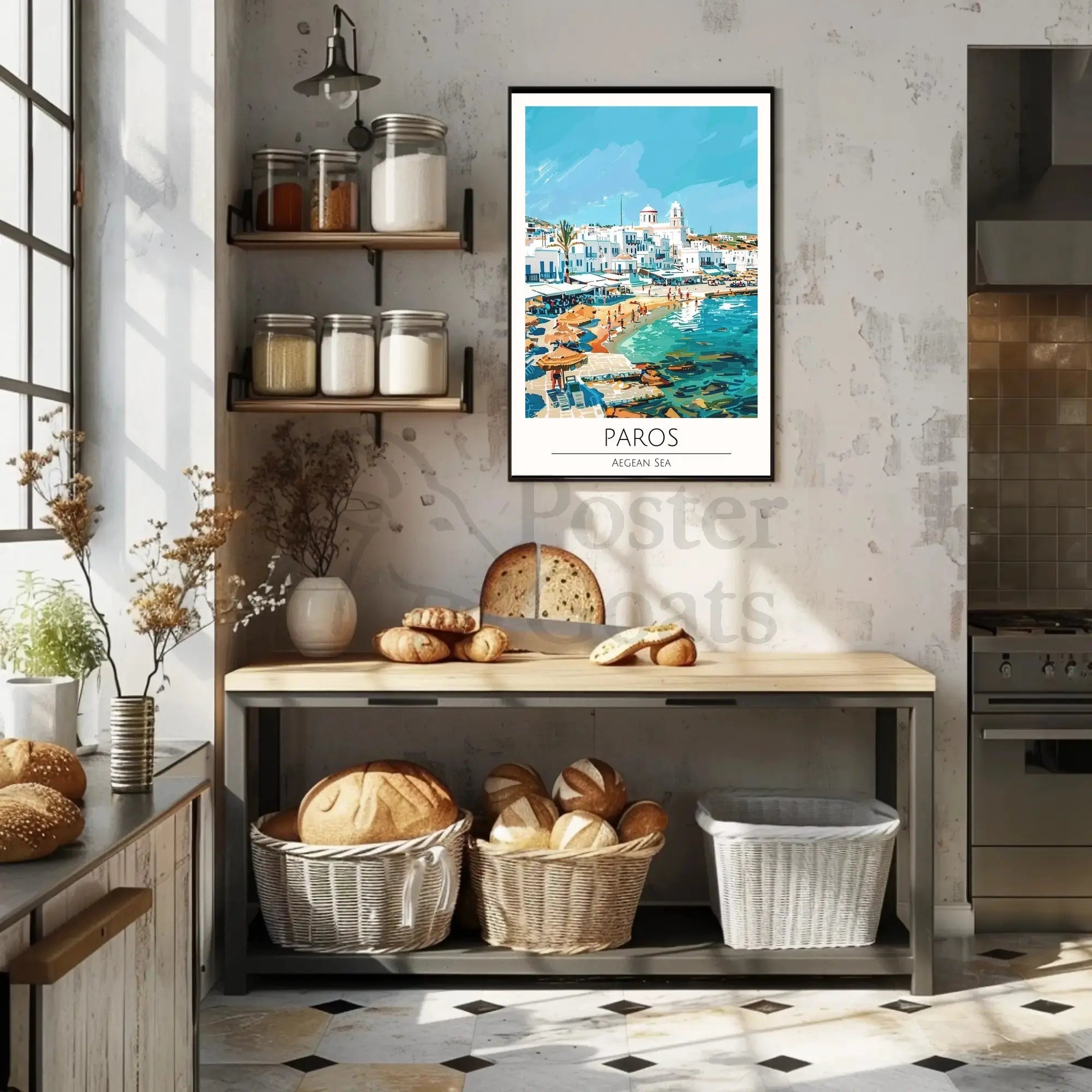 Paros Island Coastal Scene Artistic Travel Poster PosterGoat
