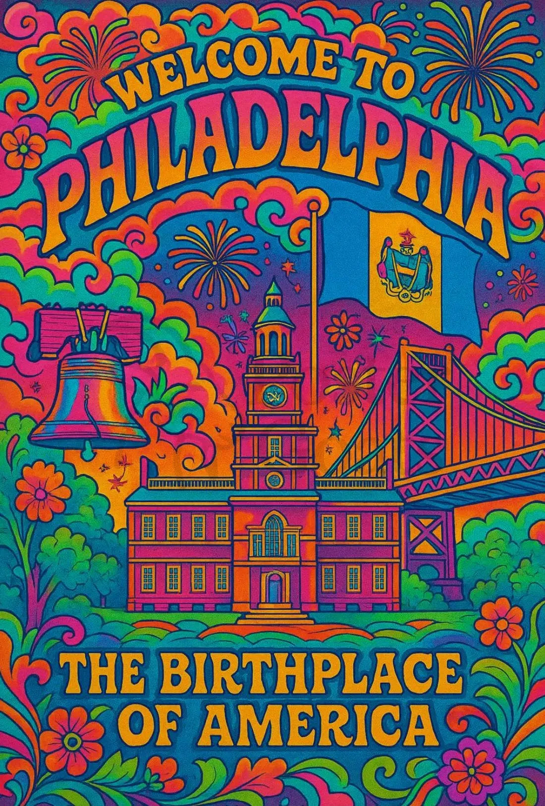Philadelphia's Vibrant Retro Celebration Travel Poster PosterGoat