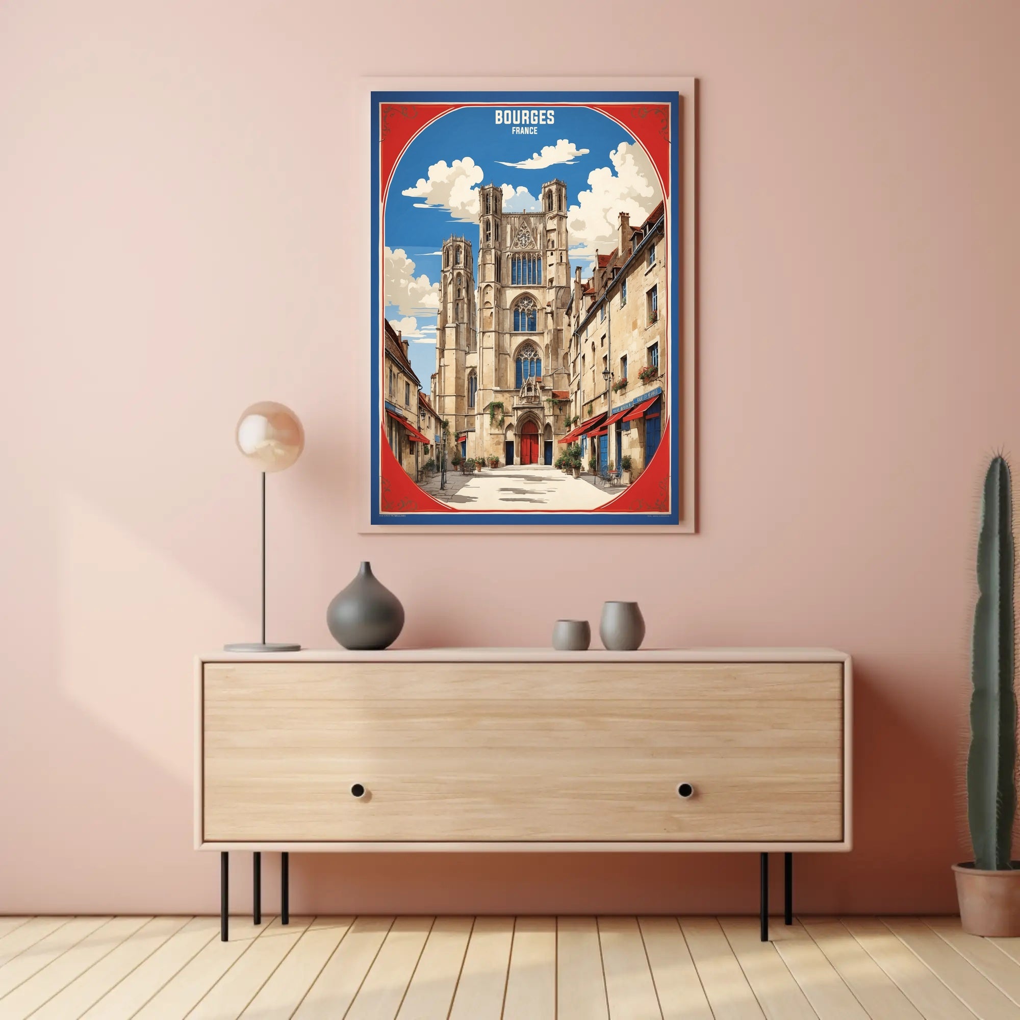 Picturesque Bourges Cathedral Street Scene Poster PosterGoat