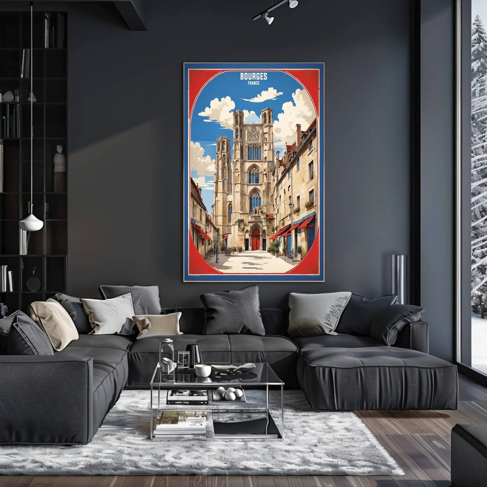 Picturesque Bourges Cathedral Street Scene Poster PosterGoat