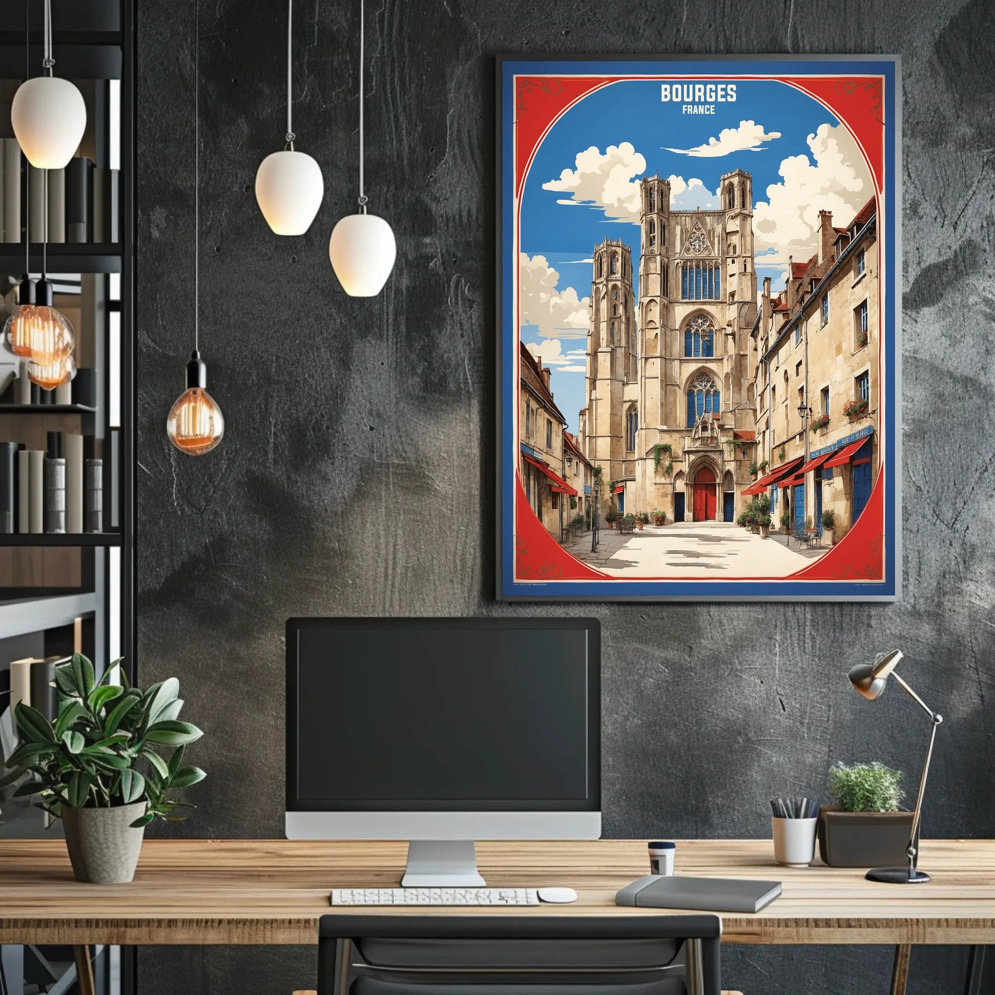 Picturesque Bourges Cathedral Street Scene Poster PosterGoat