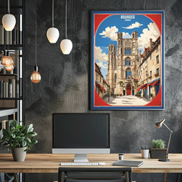 Picturesque Bourges Cathedral Street Scene Poster PosterGoat