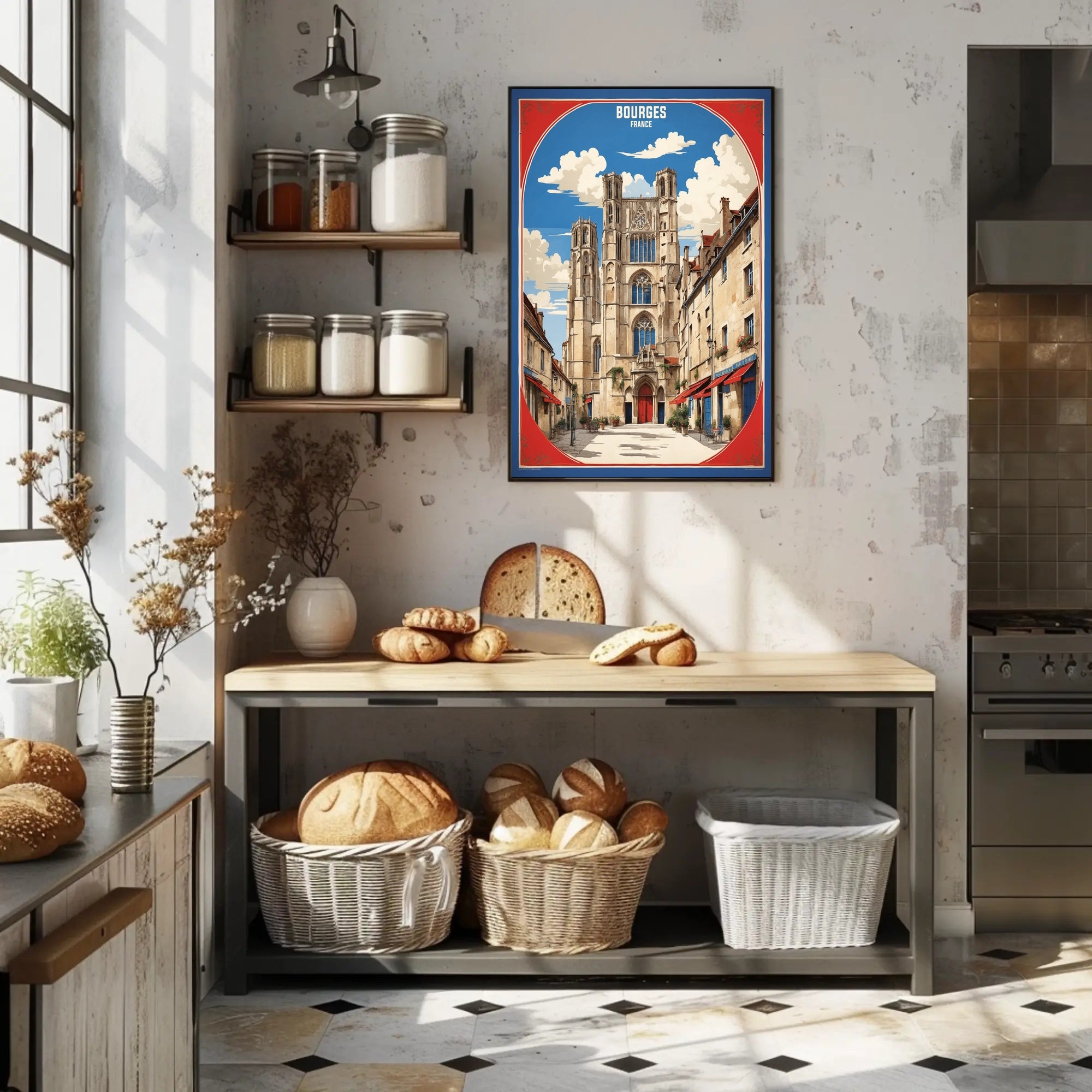 Picturesque Bourges Cathedral Street Scene Poster PosterGoat