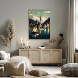Picturesque European Lakeside Town Vintage Travel Poster PosterGoat