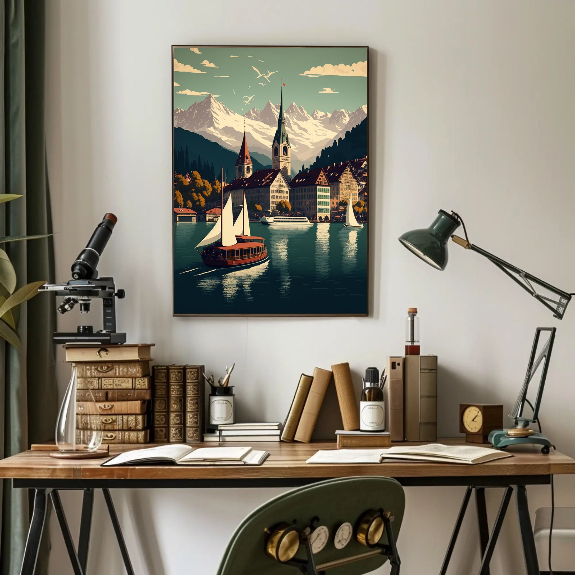 Picturesque European Lakeside Town Vintage Travel Poster PosterGoat