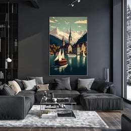 Picturesque European Lakeside Town Vintage Travel Poster PosterGoat