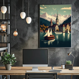 Picturesque European Lakeside Town Vintage Travel Poster PosterGoat