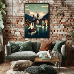 Picturesque European Lakeside Town Vintage Travel Poster PosterGoat