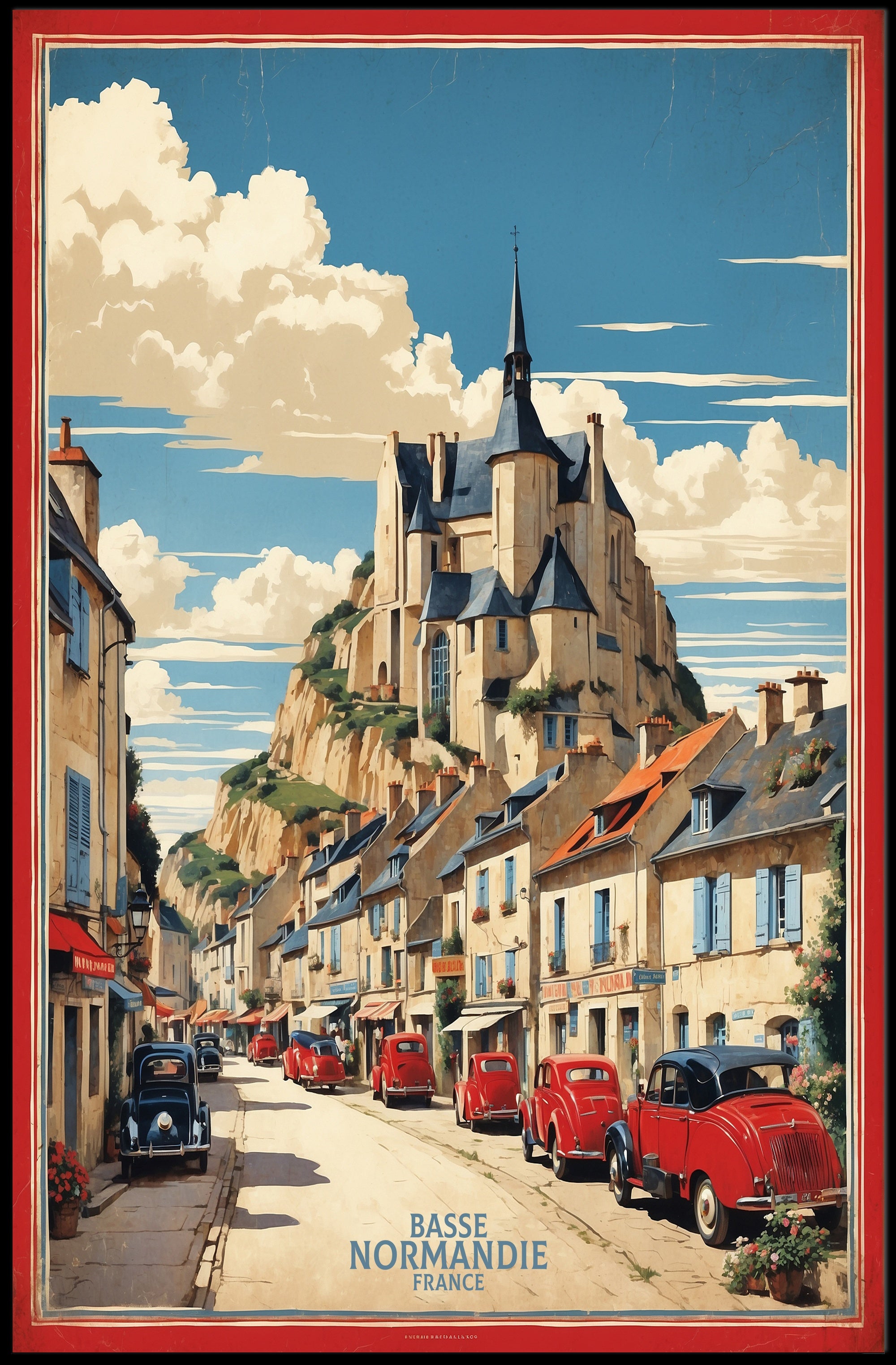 Picturesque French Village Scene with Castle – Travel Poster PosterGoat