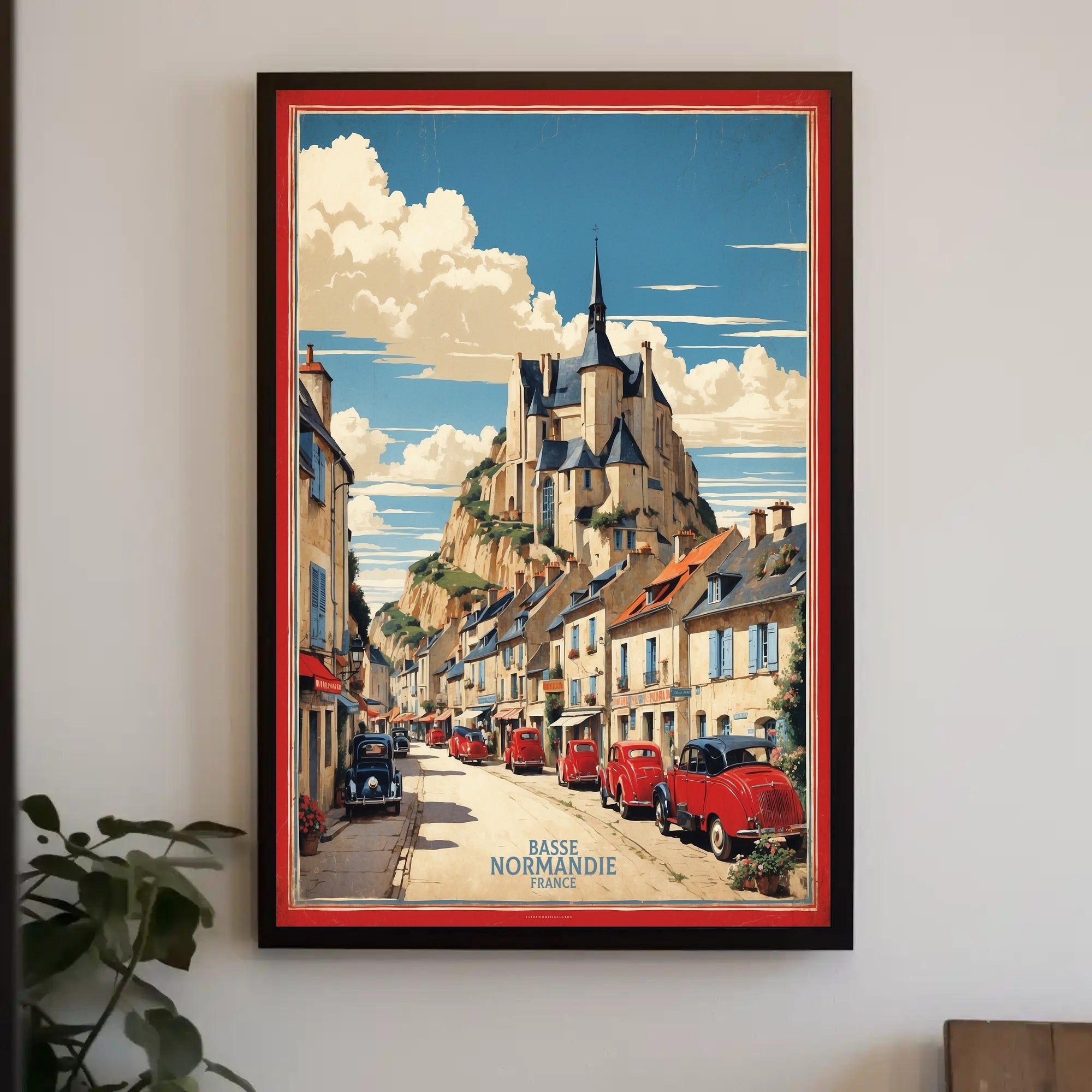 Picturesque French Village Scene with Castle – Travel Poster PosterGoat