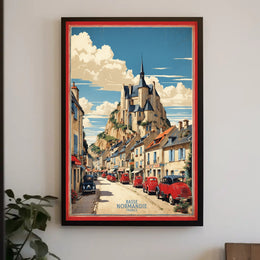 Picturesque French Village Scene with Castle – Travel Poster PosterGoat