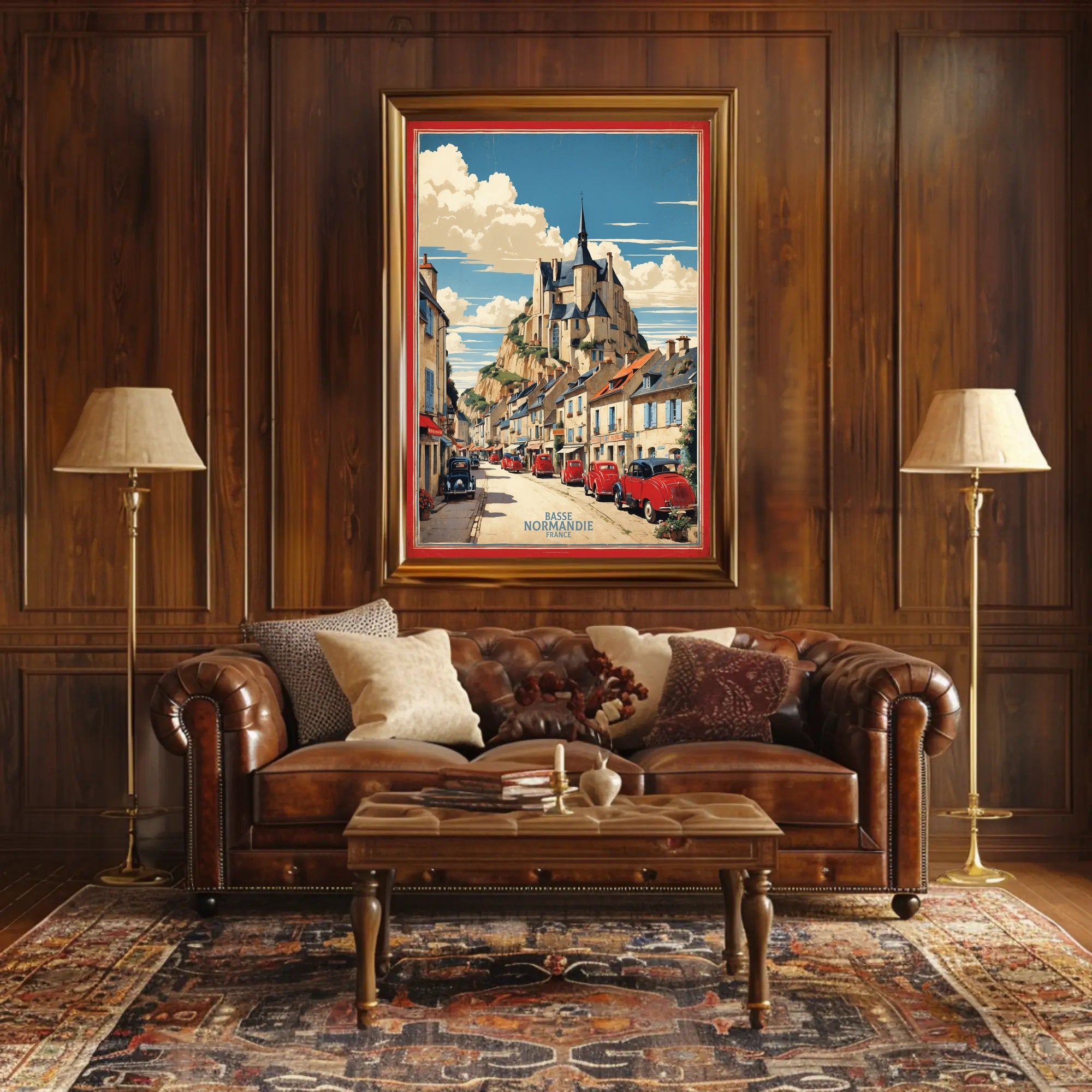 Picturesque French Village Scene with Castle – Travel Poster PosterGoat