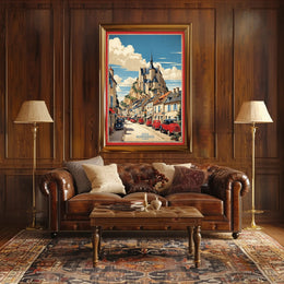 Picturesque French Village Scene with Castle – Travel Poster PosterGoat