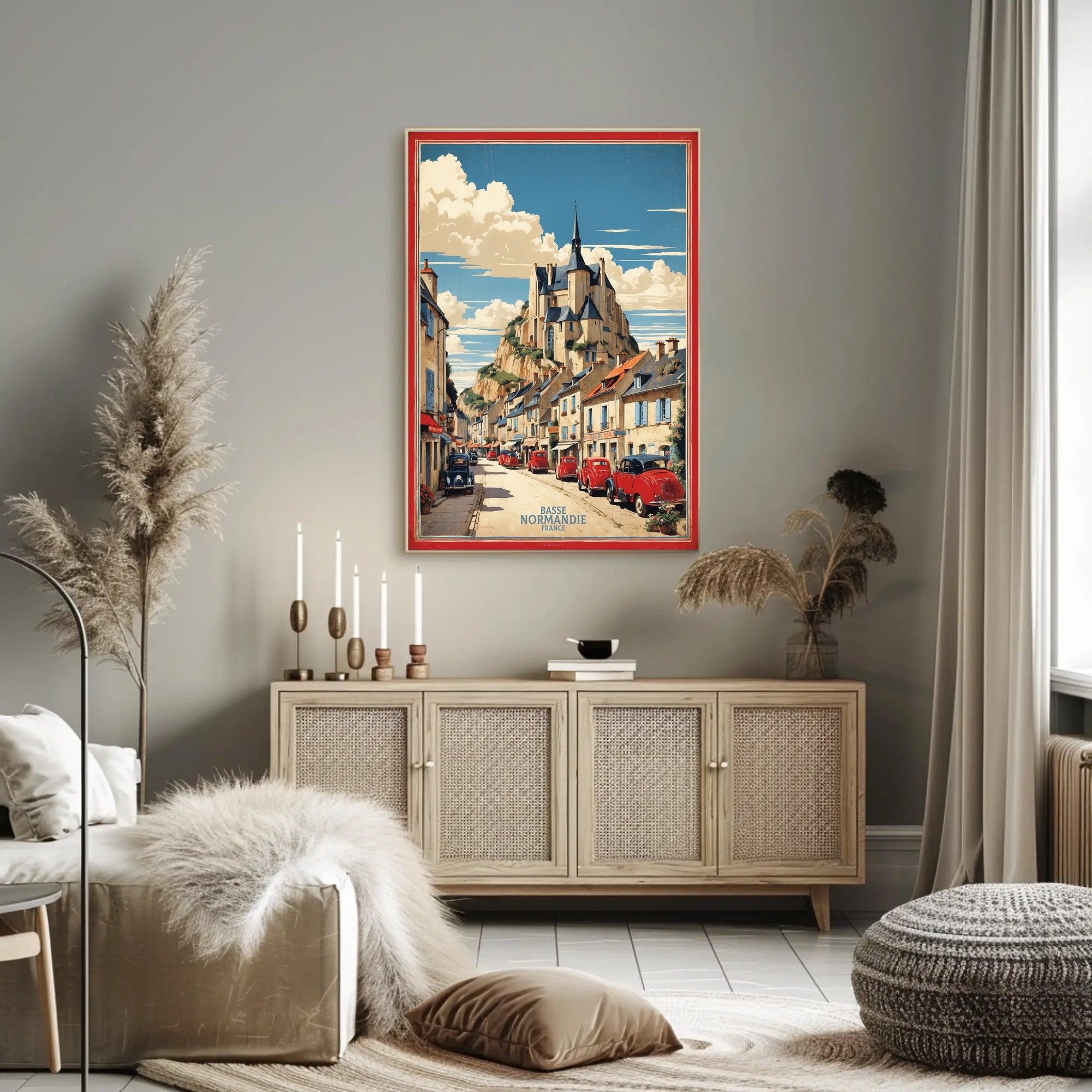 Picturesque French Village Scene with Castle – Travel Poster PosterGoat