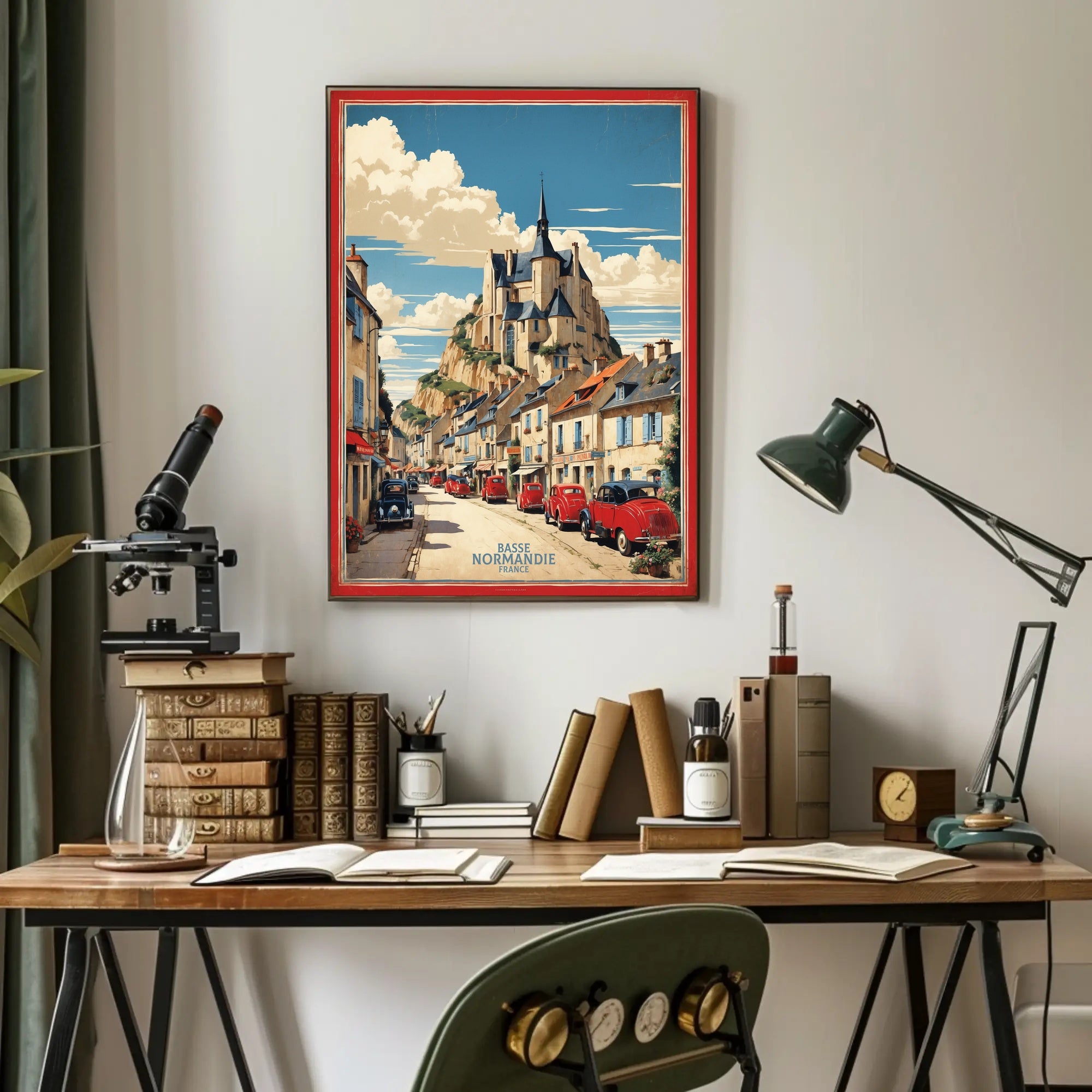 Picturesque French Village Scene with Castle – Travel Poster PosterGoat