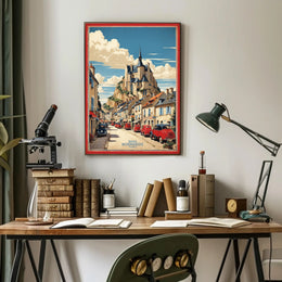 Picturesque French Village Scene with Castle – Travel Poster PosterGoat