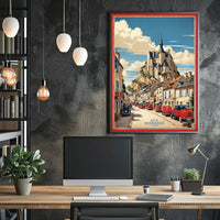 Picturesque French Village Scene with Castle – Travel Poster PosterGoat