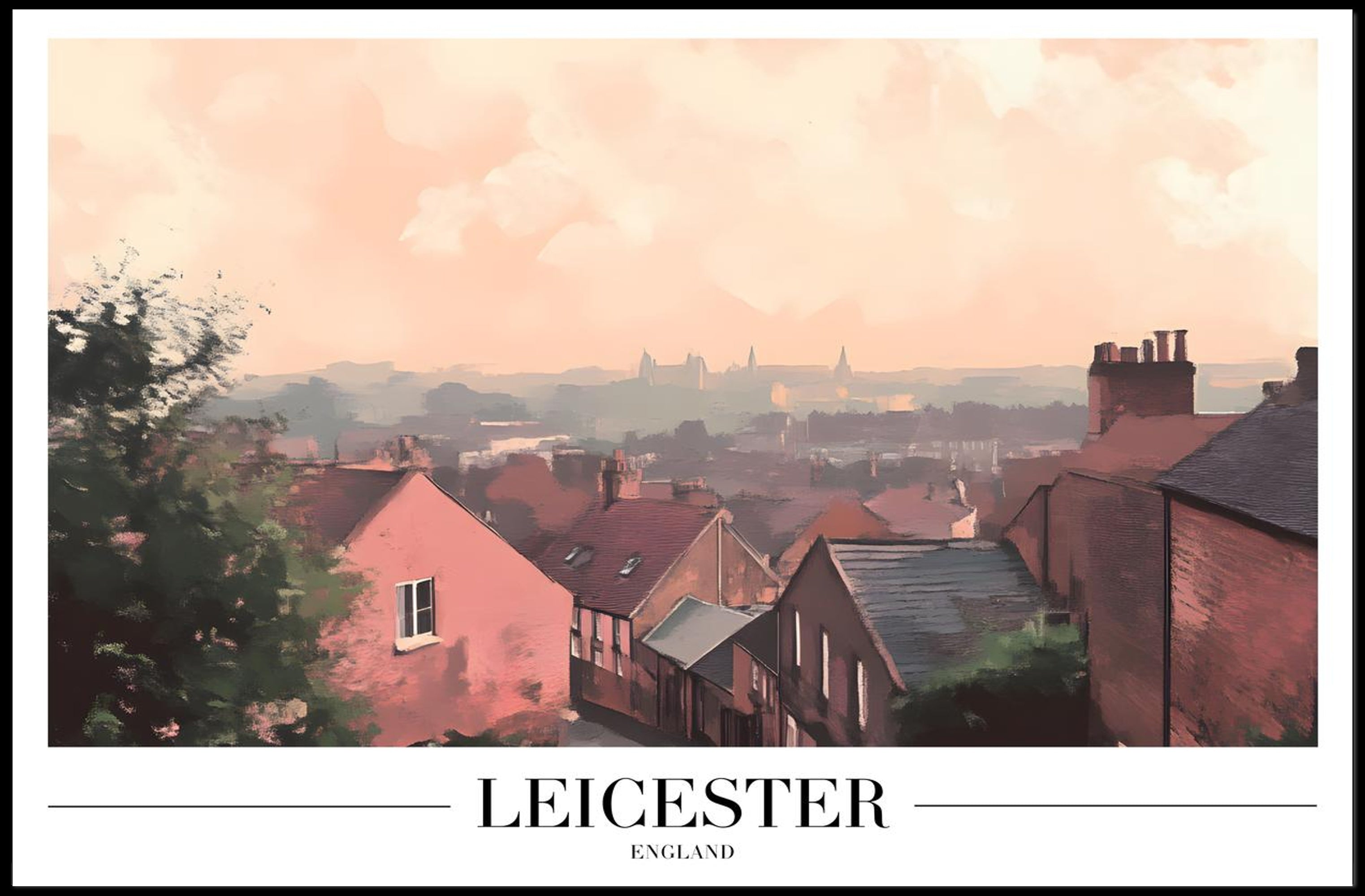 Picturesque Leicester Cityscape Print with Red Brick Houses Urban or Cityscape Poster PosterGoat