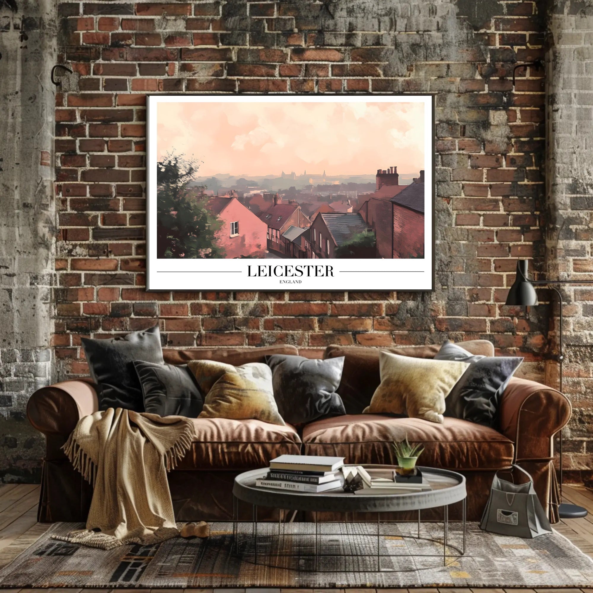 Picturesque Leicester Cityscape Print with Red Brick Houses Urban or Cityscape Poster PosterGoat