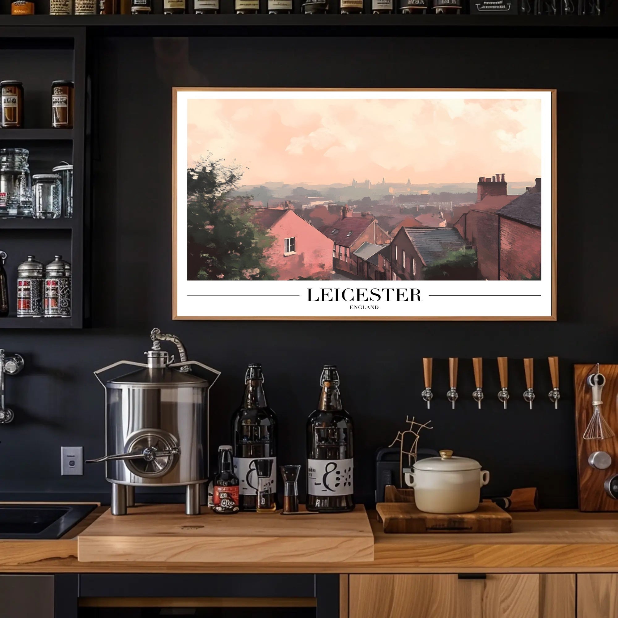 Picturesque Leicester Cityscape Print with Red Brick Houses Urban or Cityscape Poster PosterGoat