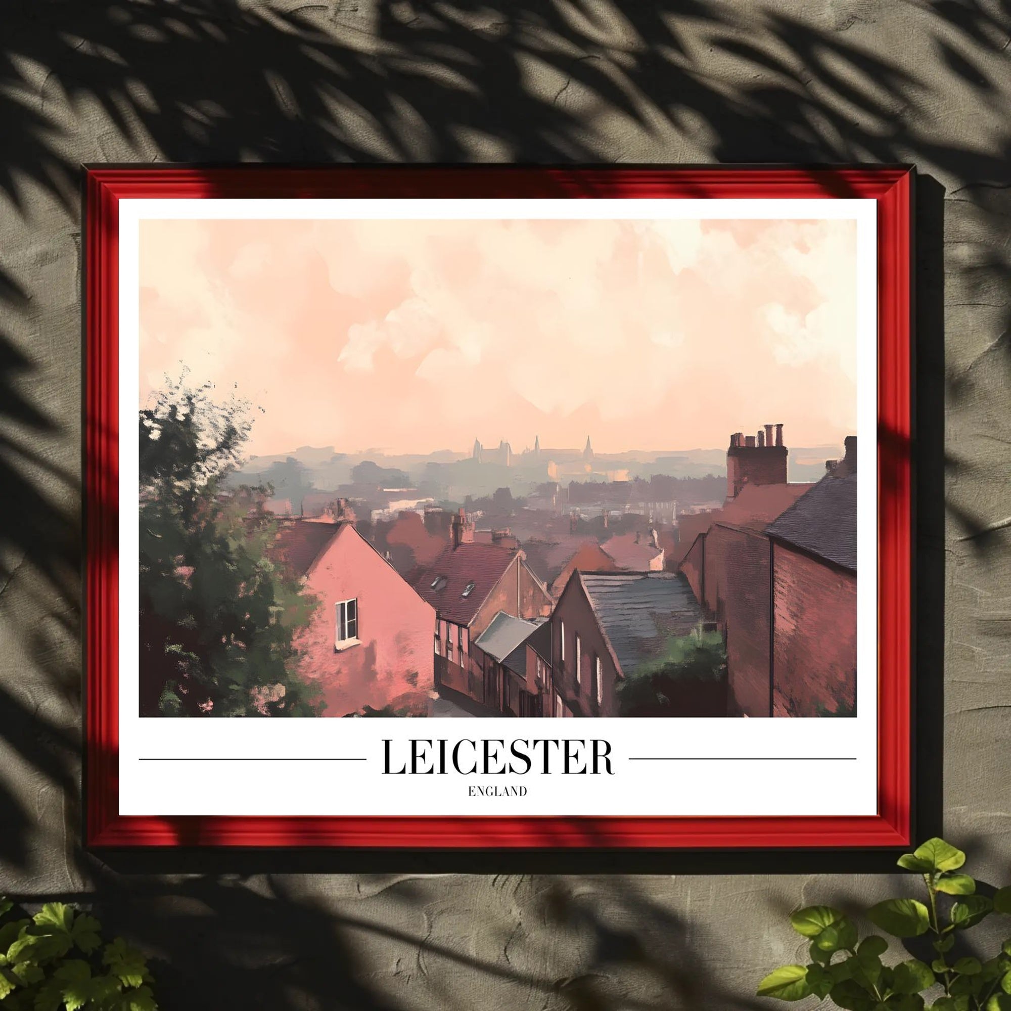 Picturesque Leicester Cityscape Print with Red Brick Houses Urban or Cityscape Poster PosterGoat