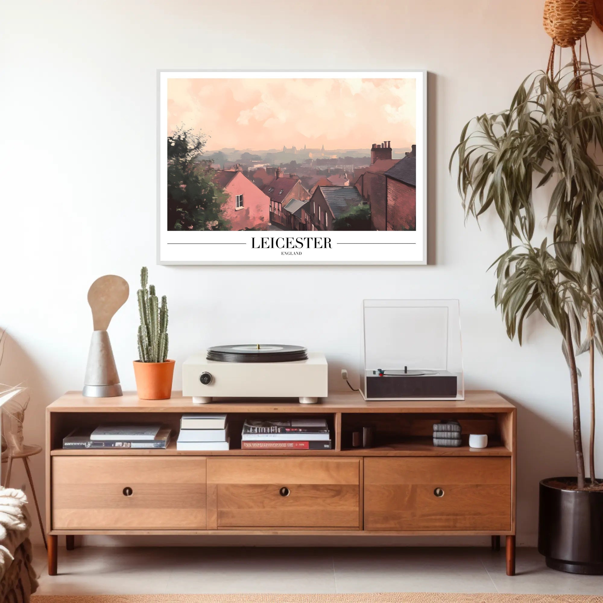 Picturesque Leicester Cityscape Print with Red Brick Houses Urban or Cityscape Poster PosterGoat