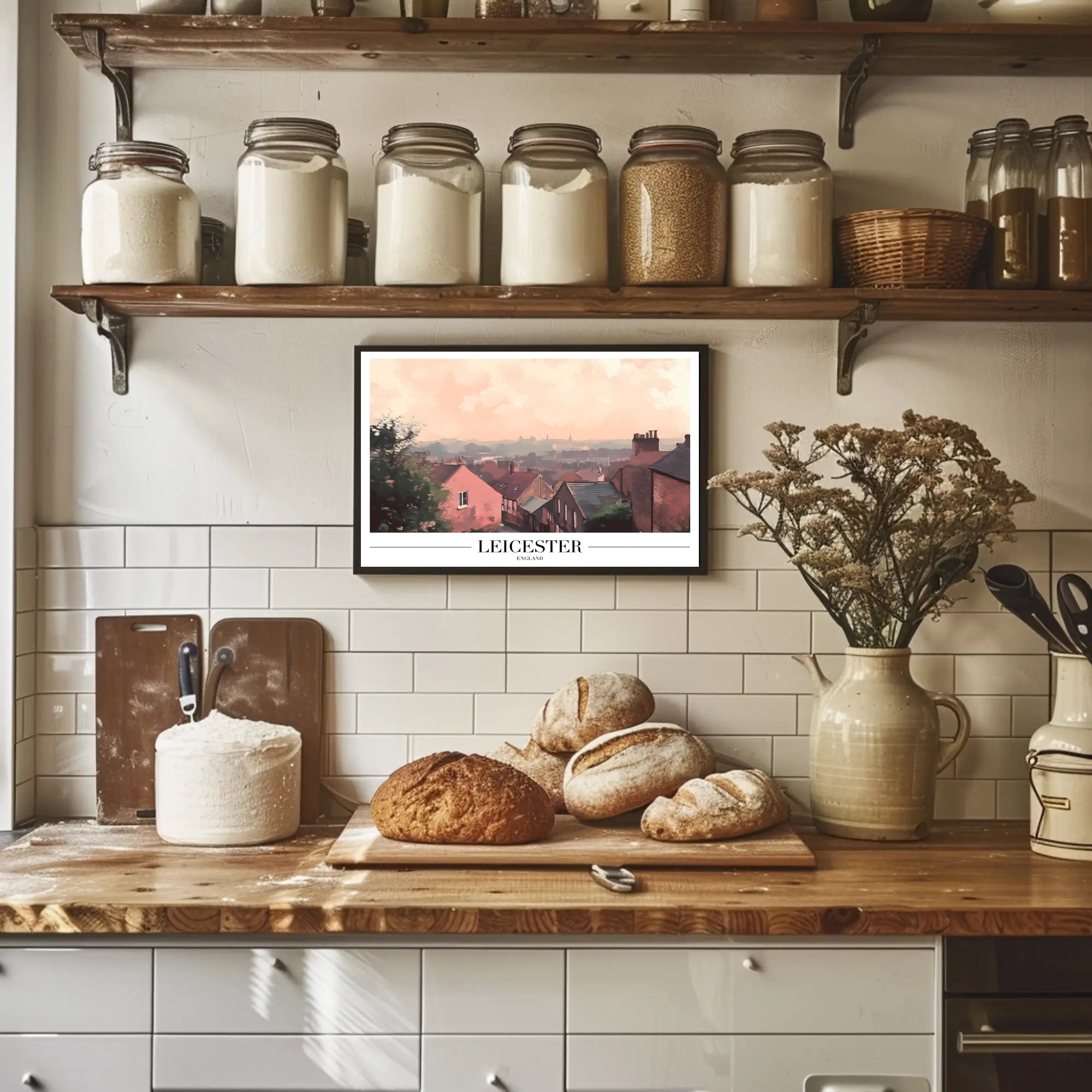 Picturesque Leicester Cityscape Print with Red Brick Houses Urban or Cityscape Poster PosterGoat
