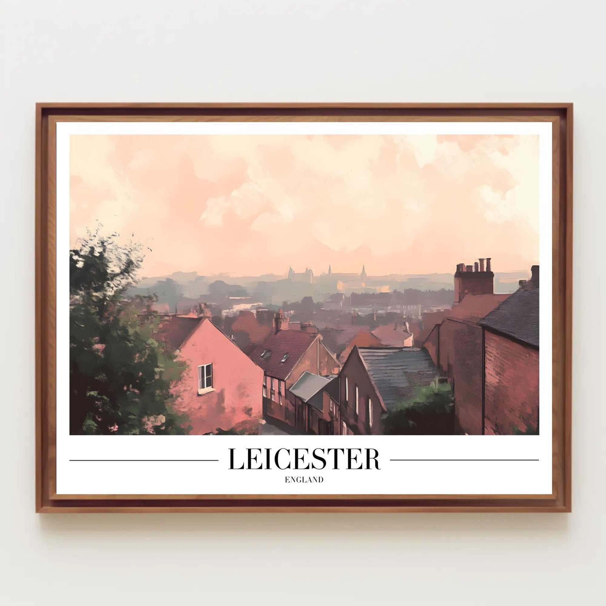 Picturesque Leicester Cityscape Print with Red Brick Houses Urban or Cityscape Poster PosterGoat