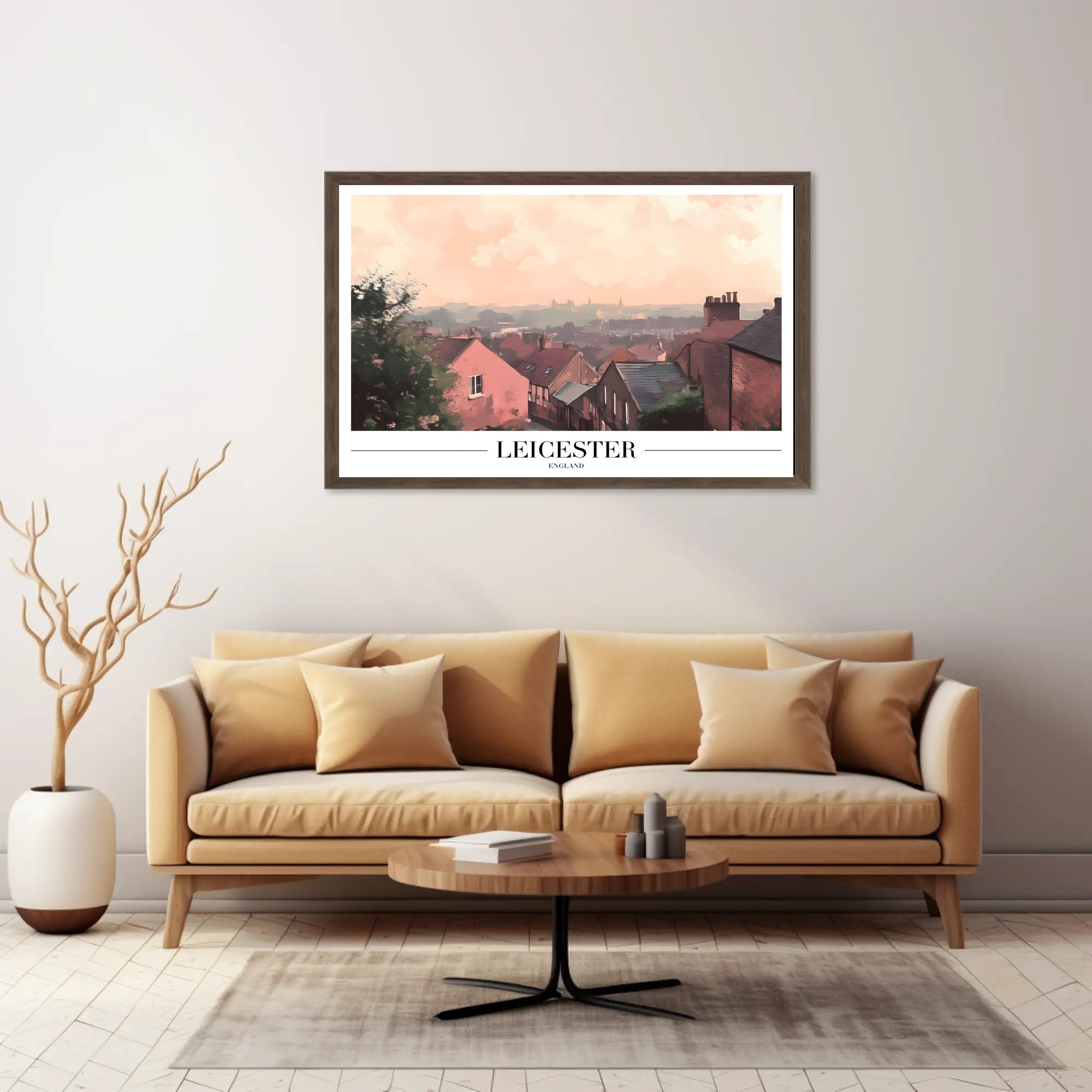 Picturesque Leicester Cityscape Print with Red Brick Houses Urban or Cityscape Poster PosterGoat