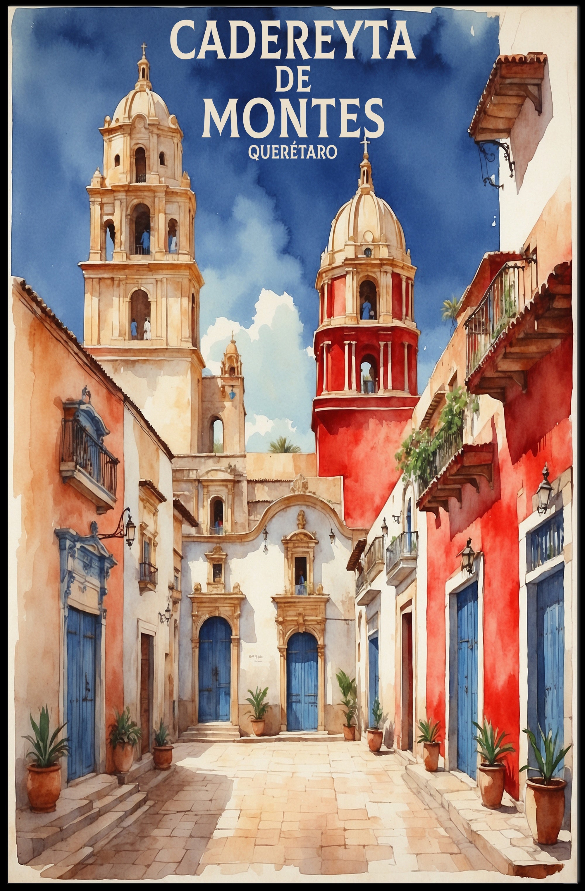 Picturesque Mexican Townscape: Watercolor Travel Poster PosterGoat