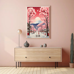 Picturesque Mount Fuji Scene with Cherry Blossoms Travel Poster PosterGoat