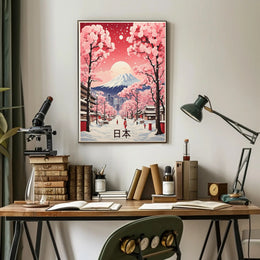 Picturesque Mount Fuji Scene with Cherry Blossoms Travel Poster PosterGoat