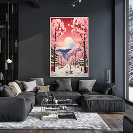 Picturesque Mount Fuji Scene with Cherry Blossoms Travel Poster PosterGoat