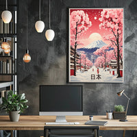 Picturesque Mount Fuji Scene with Cherry Blossoms Travel Poster PosterGoat