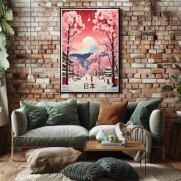 Picturesque Mount Fuji Scene with Cherry Blossoms Travel Poster PosterGoat