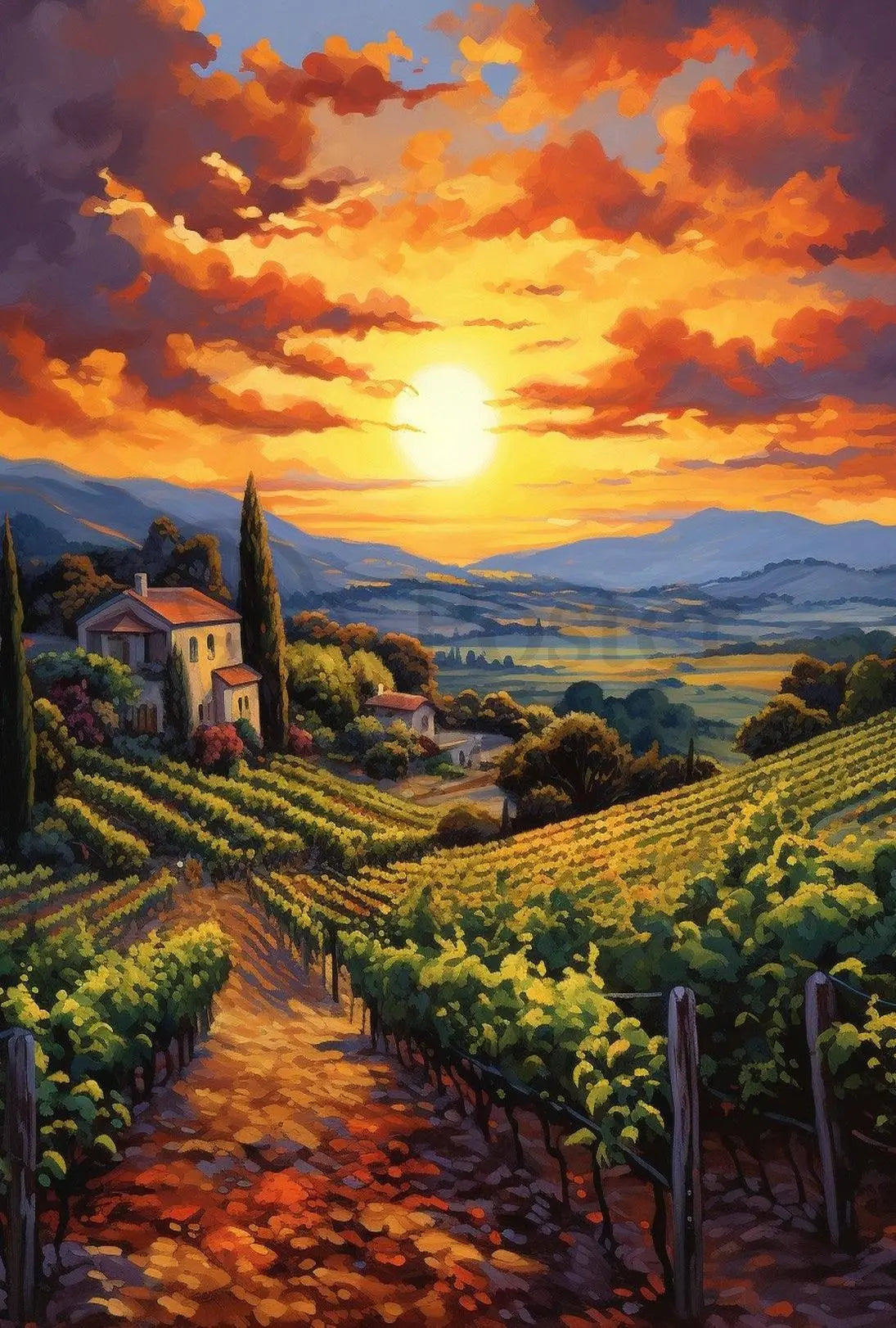 Picturesque Vineyard Sunset in Tuscany Art Poster PosterGoat