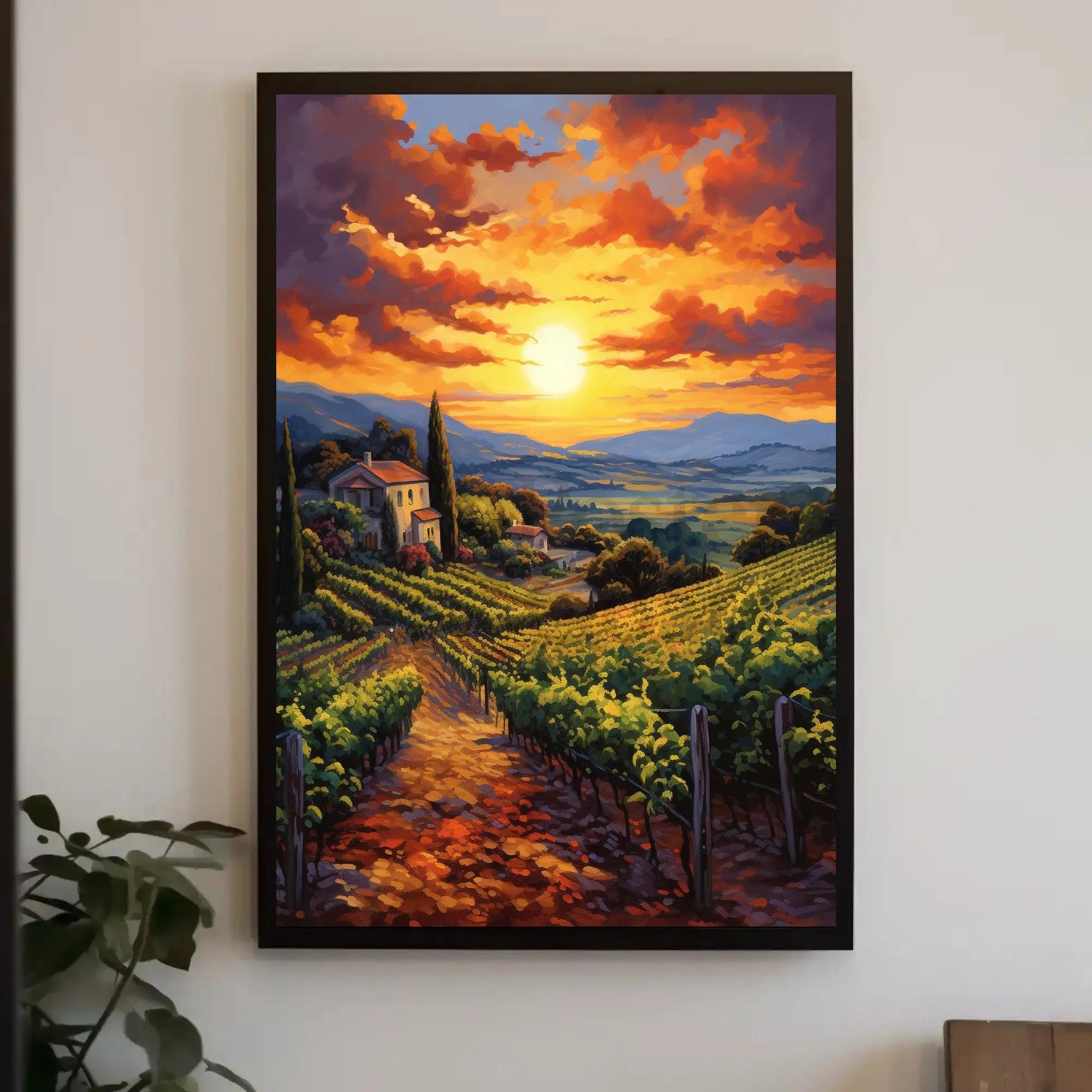 Picturesque Vineyard Sunset in Tuscany Art Poster PosterGoat